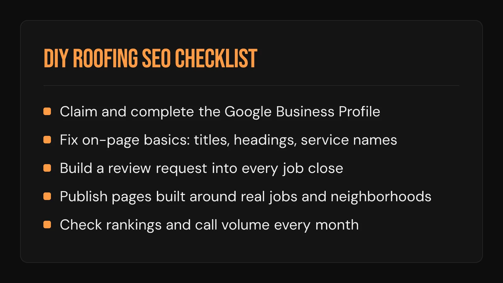Checklist card: five DIY roofing SEO steps, from claiming the Google Business Profile to monthly rank checks.