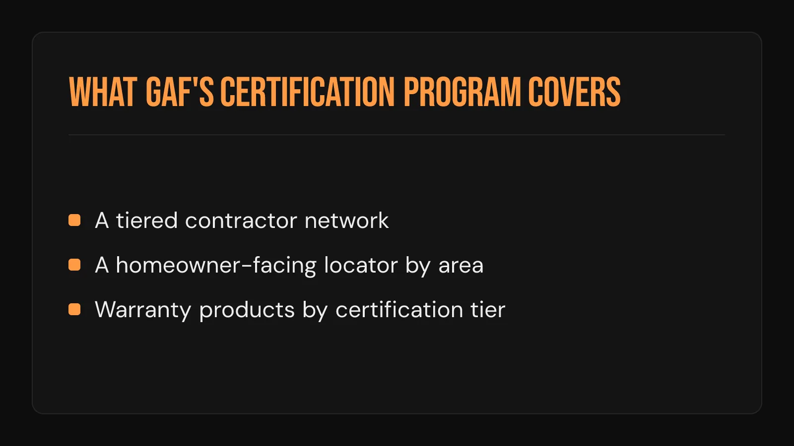 Checklist graphic: GAF certification program covers contractor network, locator, and tiered warranties.