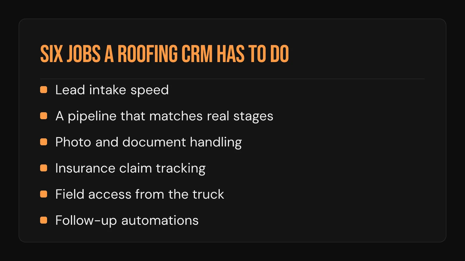 Checklist card: six jobs a roofing CRM has to do, from lead intake speed to follow-up automations.