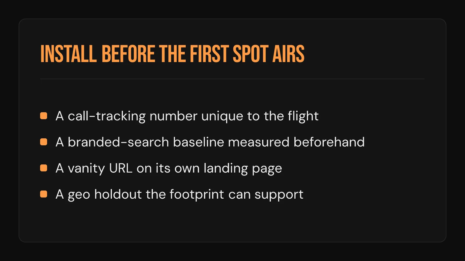 Checklist card: the tracking to install before a television flight, from a call number to a geo holdout
