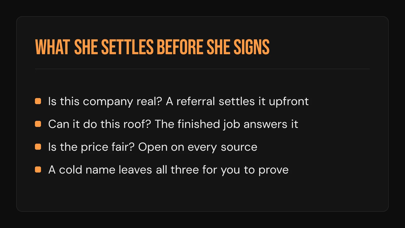 Checklist card: the questions a homeowner settles before she signs, and which ones a referral answers ahead of the call.