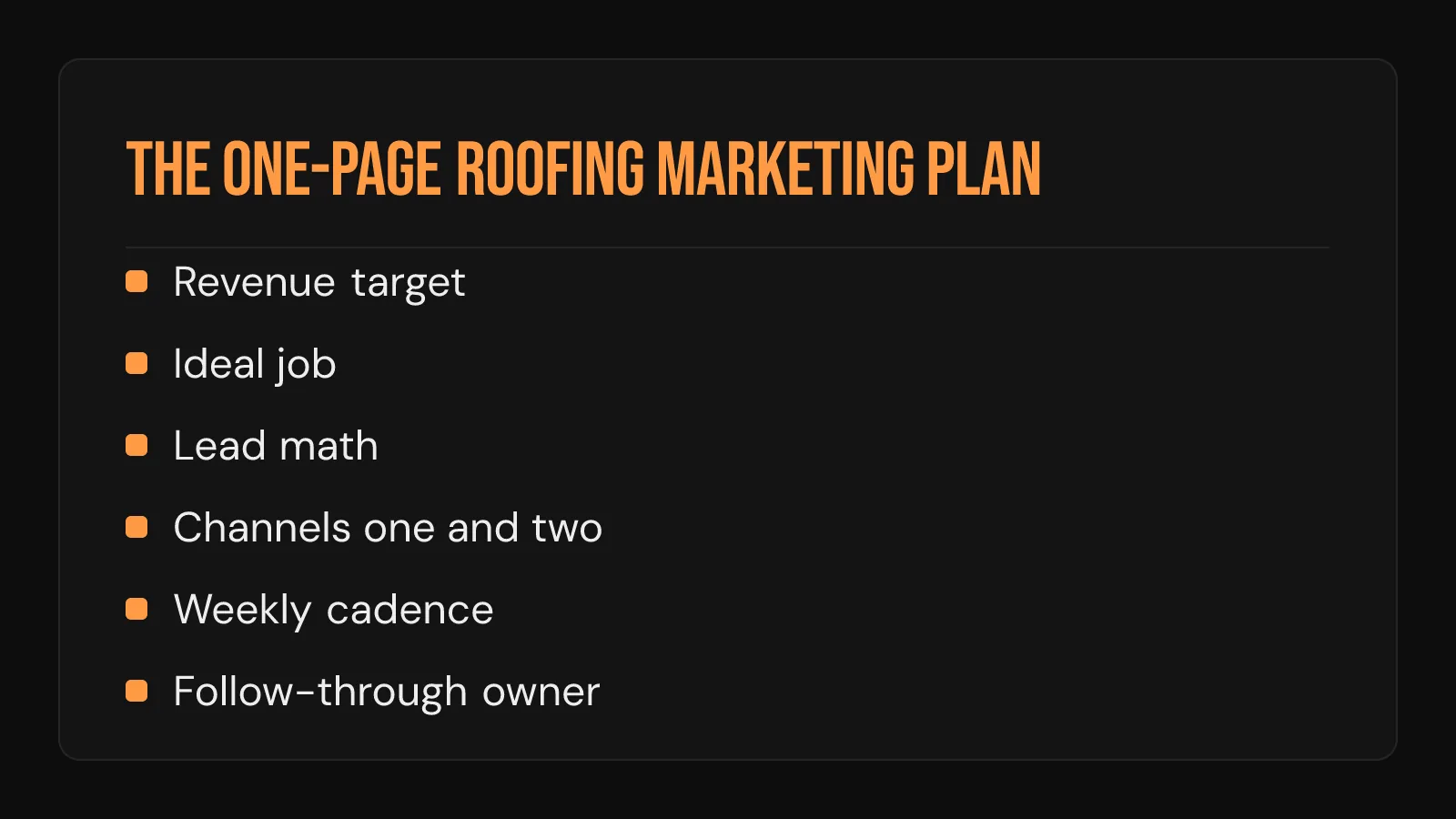 Checklist card: the boxes of a one-page roofing marketing plan, from revenue target to follow-through owner.