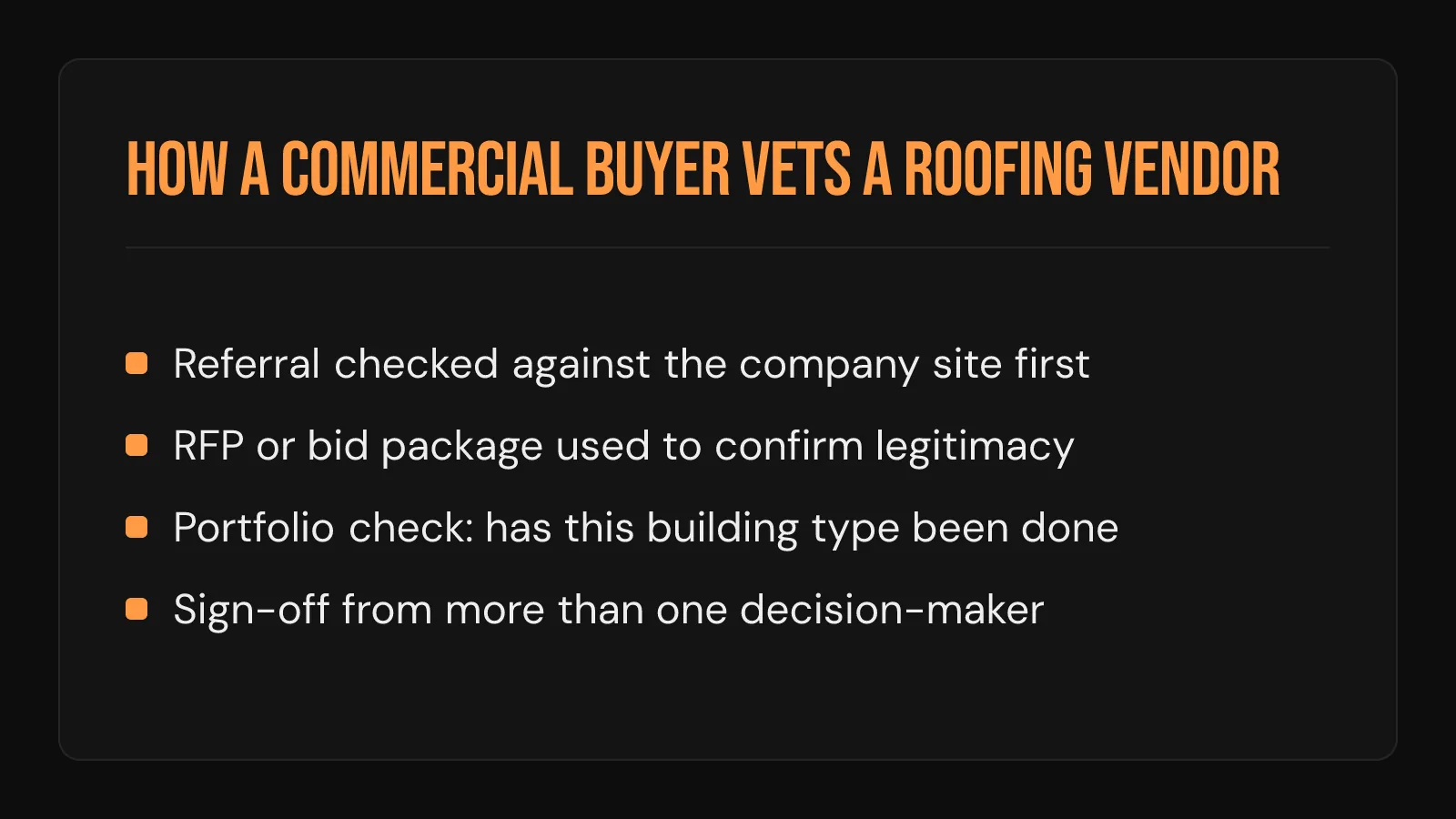 Checklist card: how a commercial property owner vets a roofing vendor, from referral check to final sign-off.