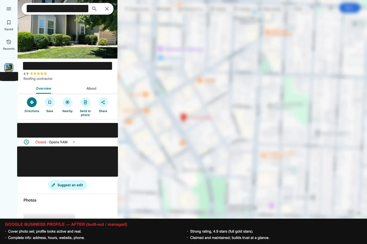 Google Business Profile after: a built-out roofing listing with a cover photo, complete information, and a 4.9-star rating.