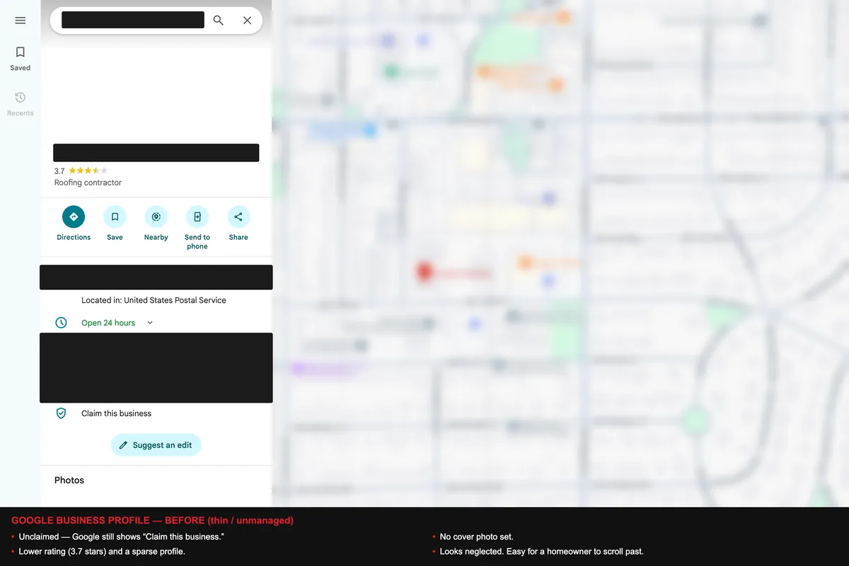 Google Business Profile before: an unclaimed, sparse roofing listing with a 3.7-star rating and no cover photo.