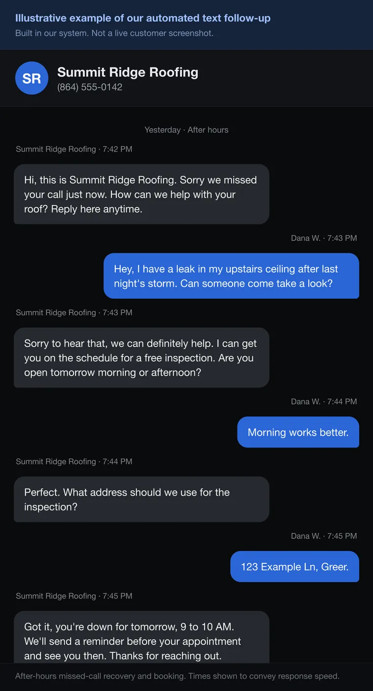 Illustrative automated text follow-up thread: an after-hours missed-call recovery that books a free roof inspection.