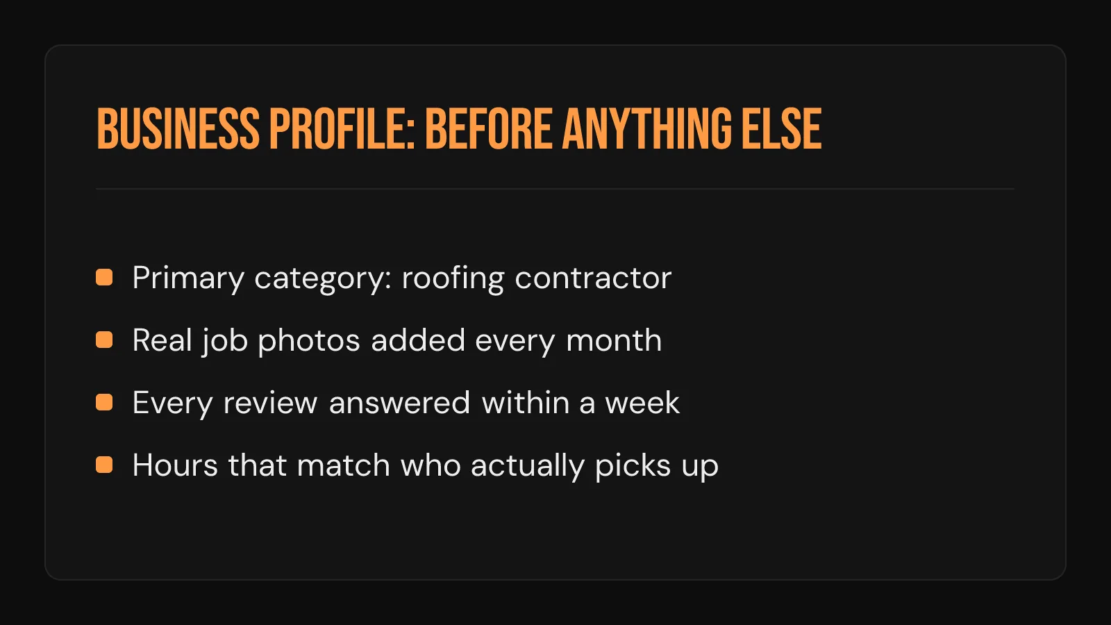 Checklist card: four Google Business Profile items to fix first, from primary category to real job photos