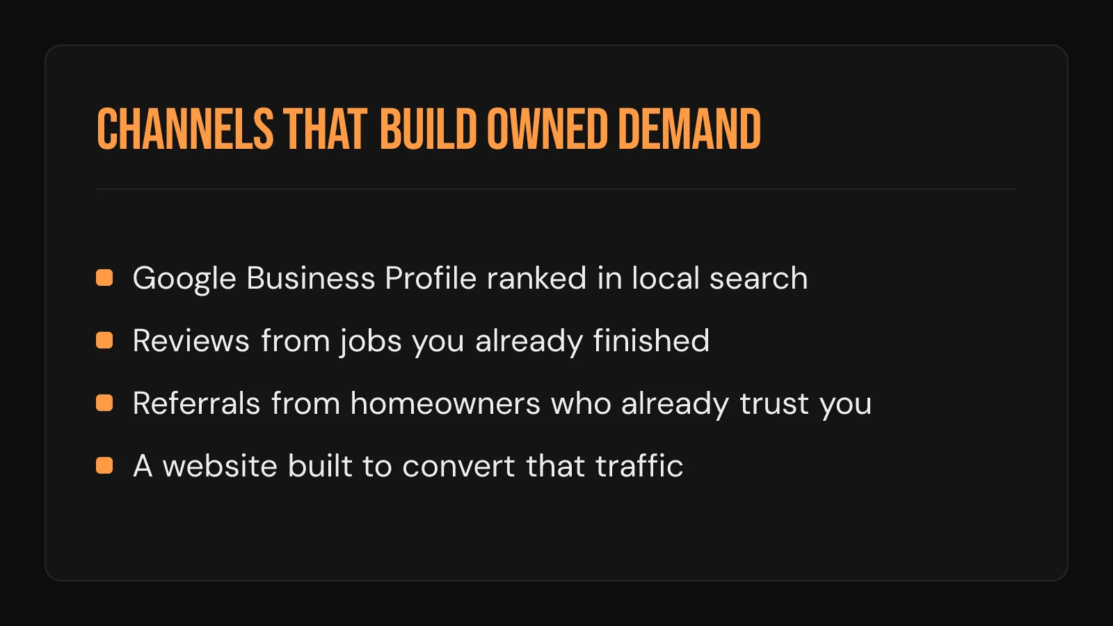 Checklist card: channels that build owned roofing demand, Google Business Profile, reviews, referrals, and website.