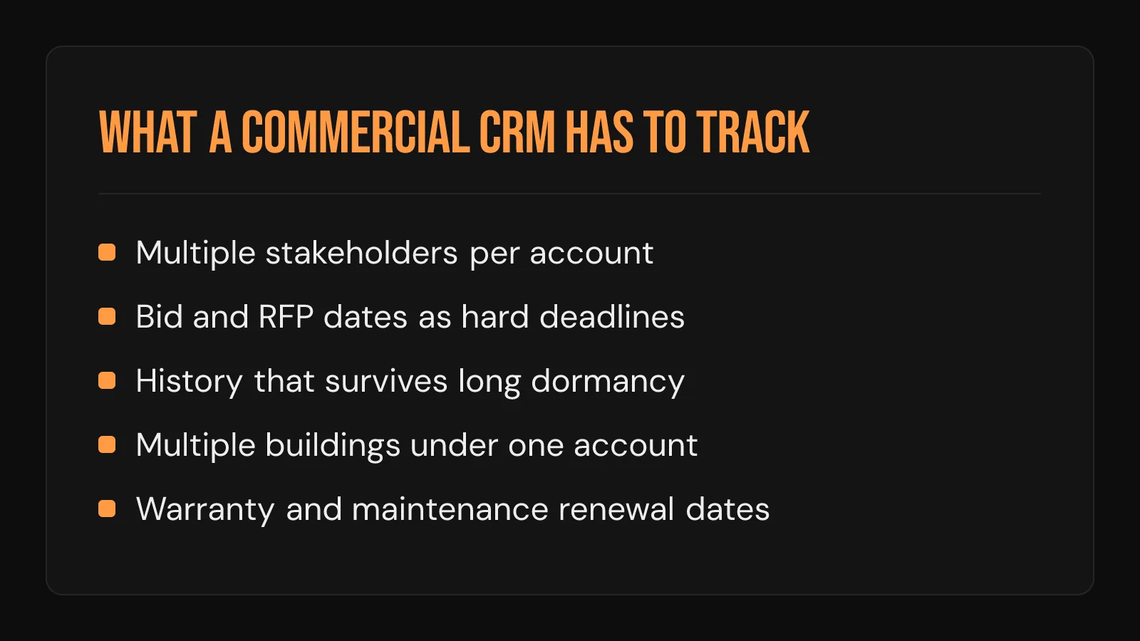 Checklist card: five things a commercial roofing crm must track, from multi-stakeholder contacts to renewal dates.