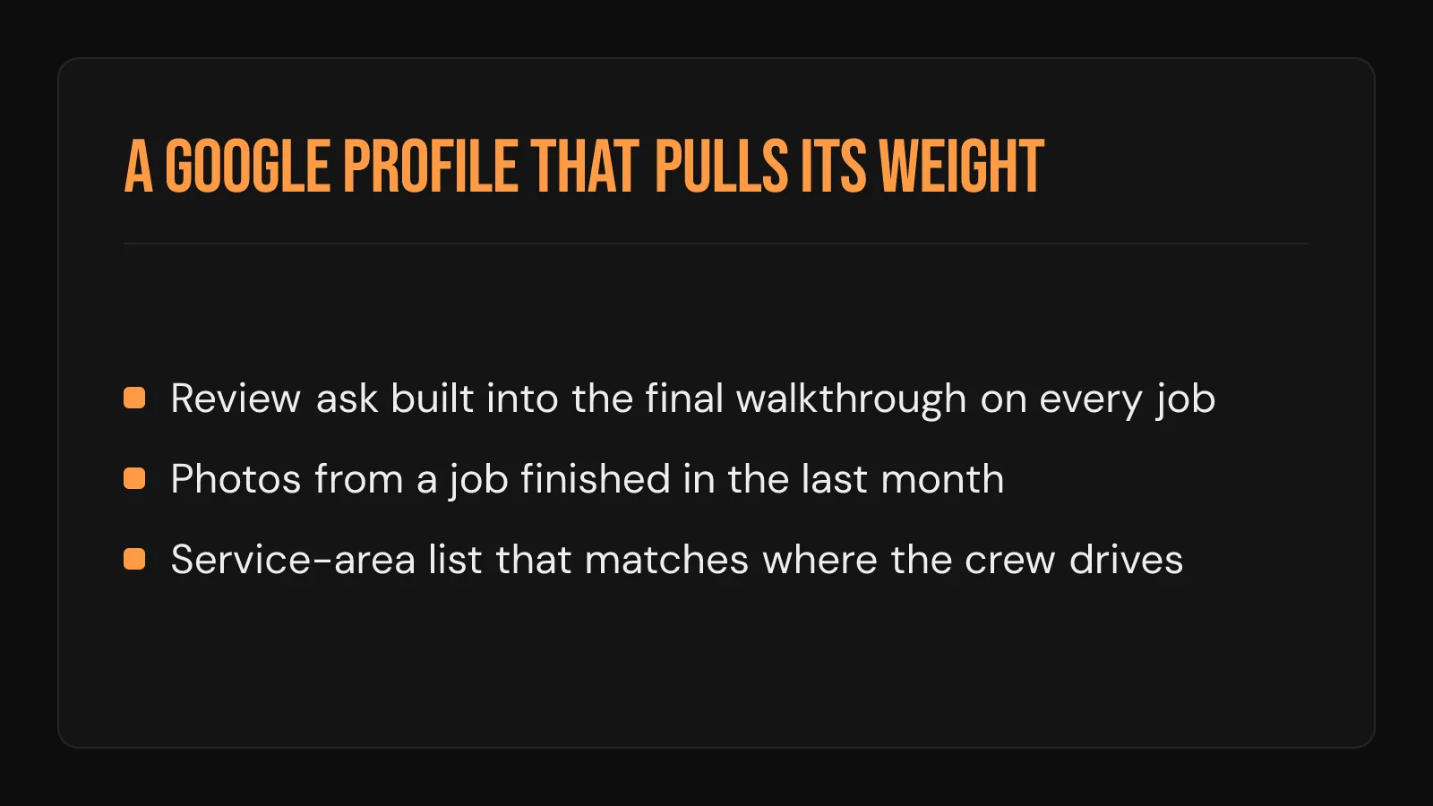 Checklist: what a Google Business Profile that pulls its weight for a roofing company includes.