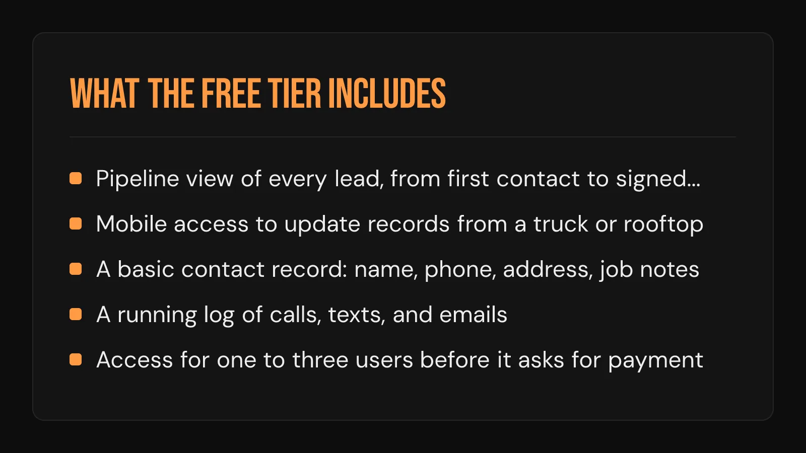 Checklist card: what a free roofing crm plan typically includes, from pipeline view to seat limits.