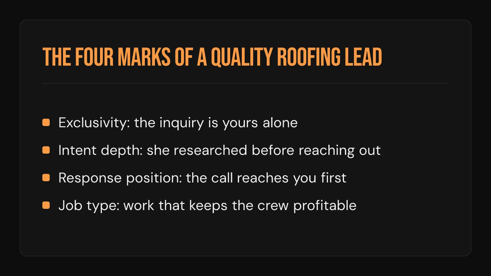 Checklist card: the marks of a quality roofing lead, from exclusivity and intent depth to response position and job type.