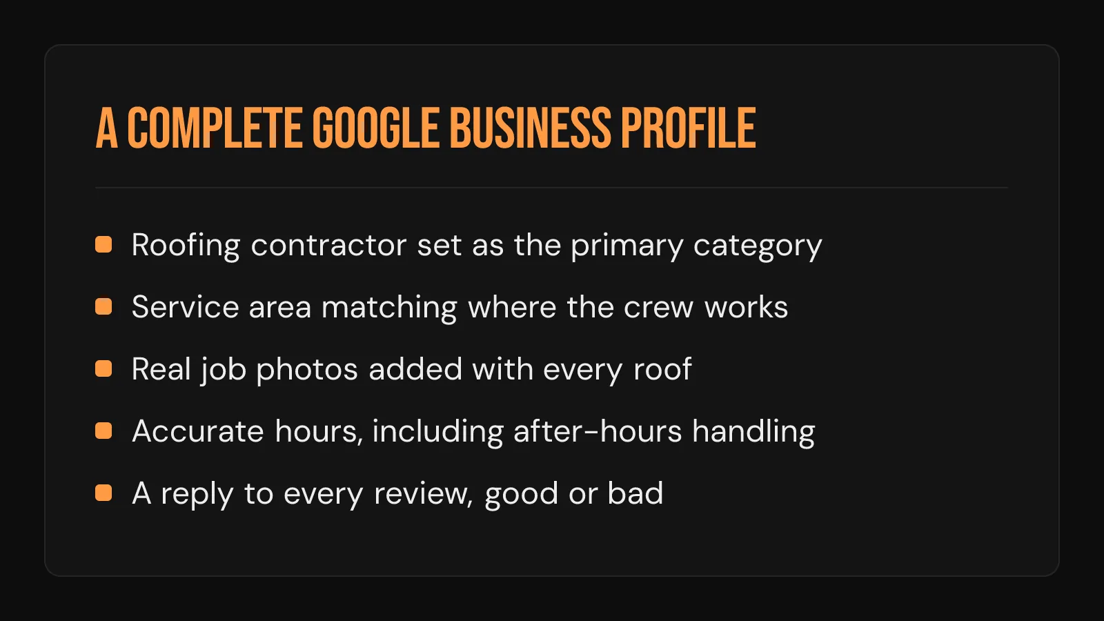 Checklist card: five items a complete Google Business Profile needs, from primary category to review replies
