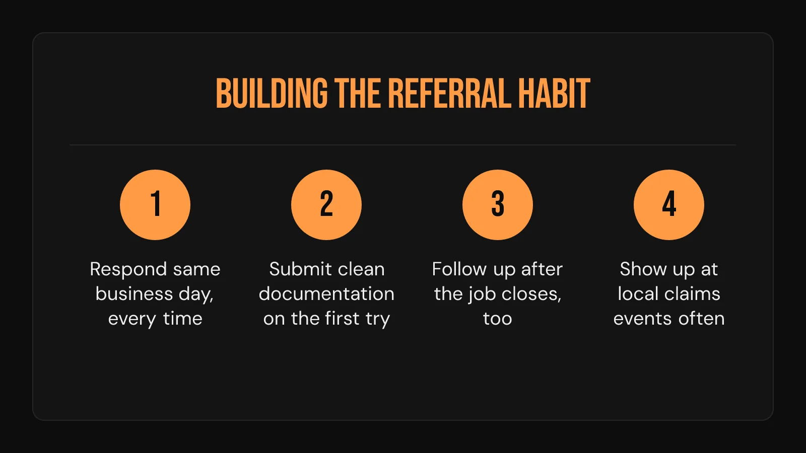 Process graphic: four steps for building a referral habit with insurance adjusters and agents.