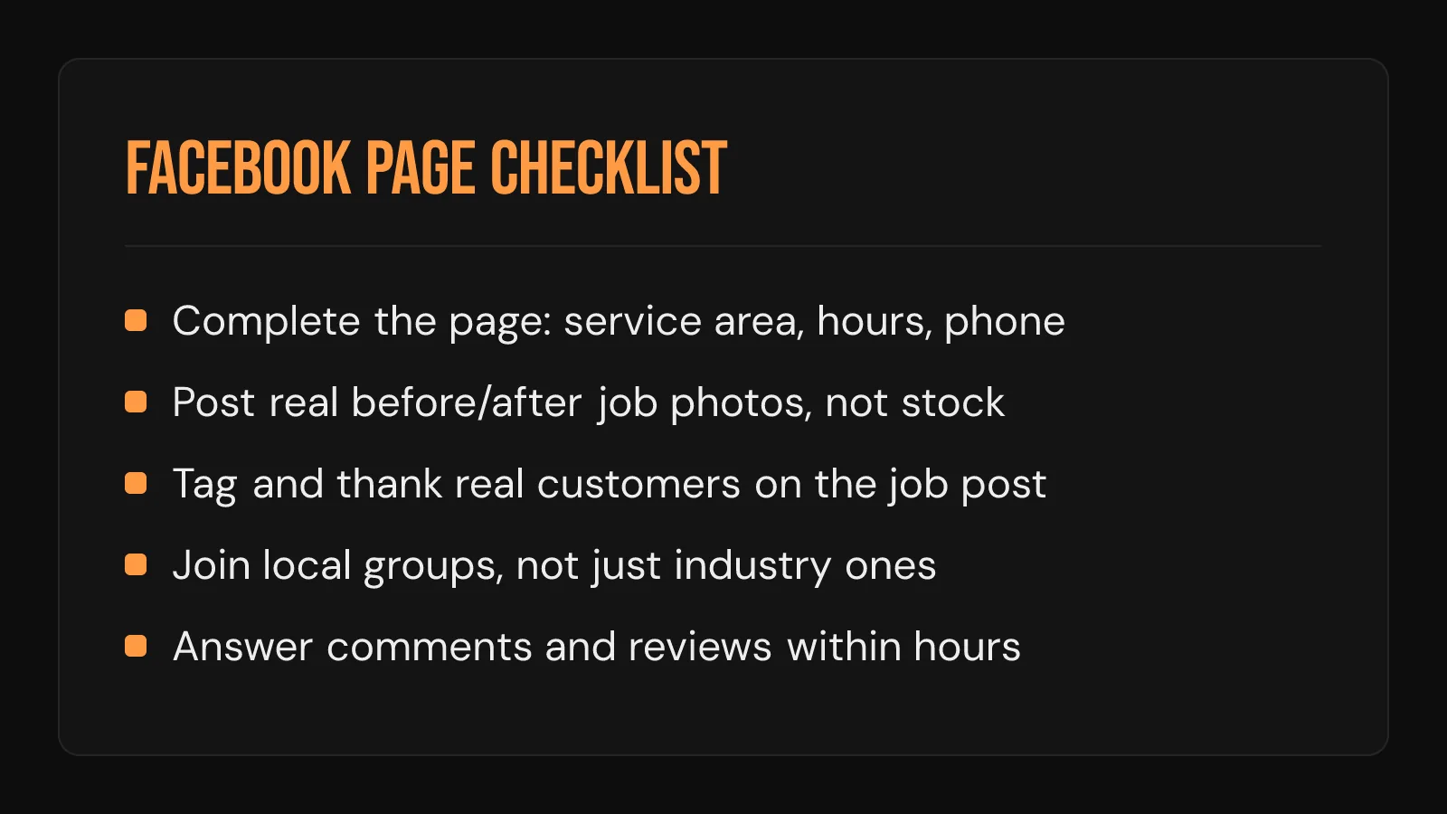 Checklist card: five steps to a complete roofing company Facebook Business Page, from service area to fast review replies.