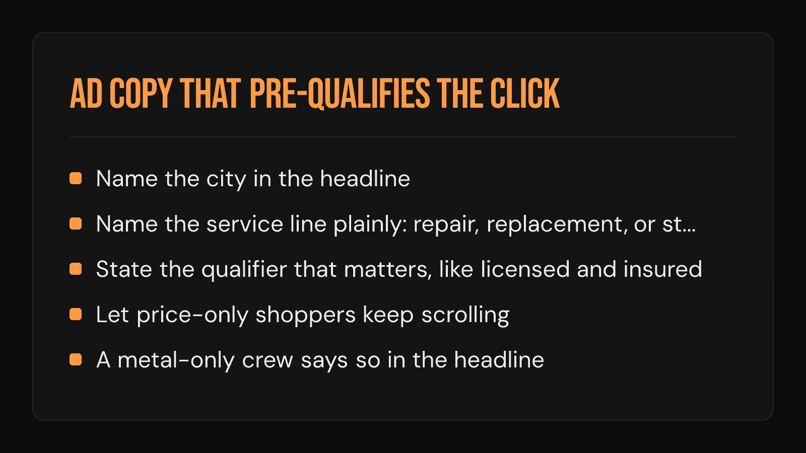 Checklist card: ad copy moves that pre-qualify a roofing click, from naming the city to stating the qualifier
