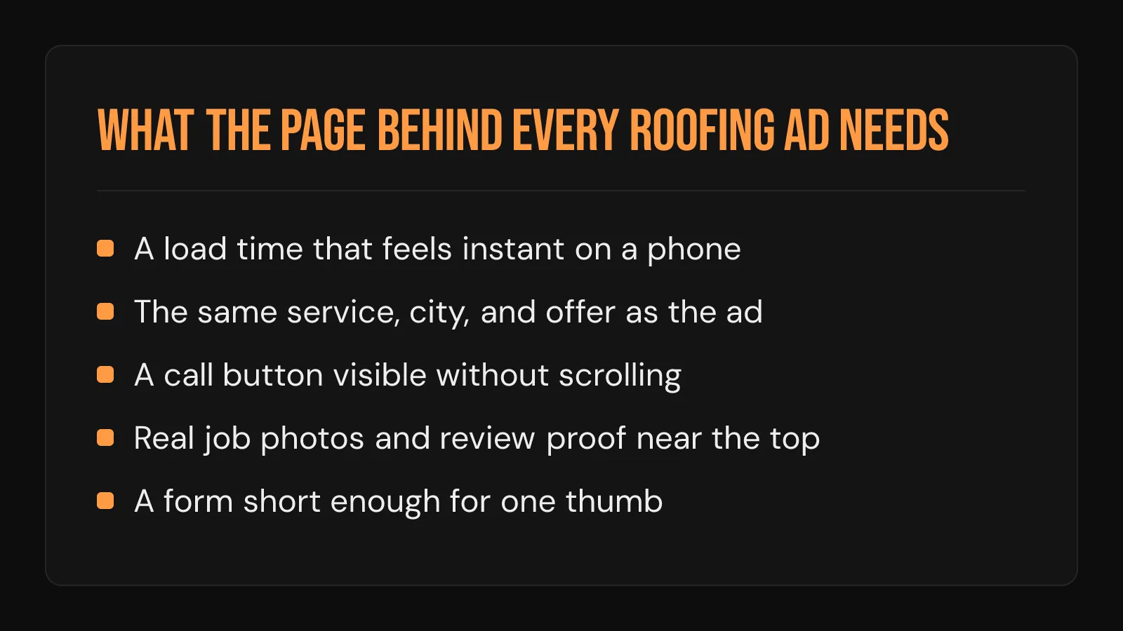Checklist card: what the landing page behind every roofing ad needs, from instant load to a thumb-friendly form
