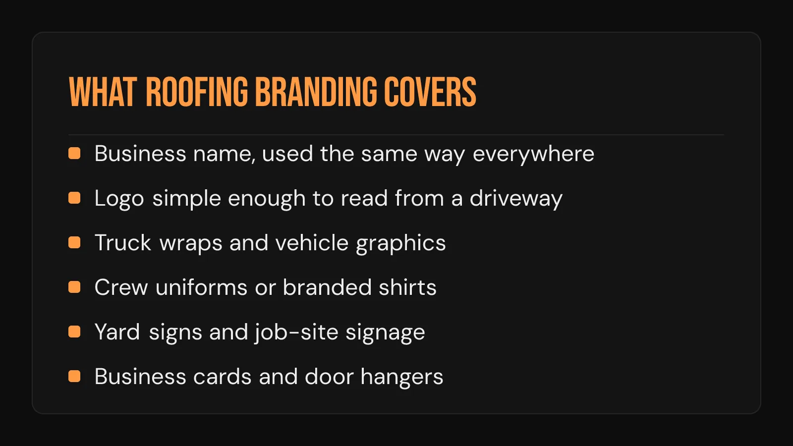 Checklist card: the six touchpoints roofing branding actually covers, from the business name to door hangers.