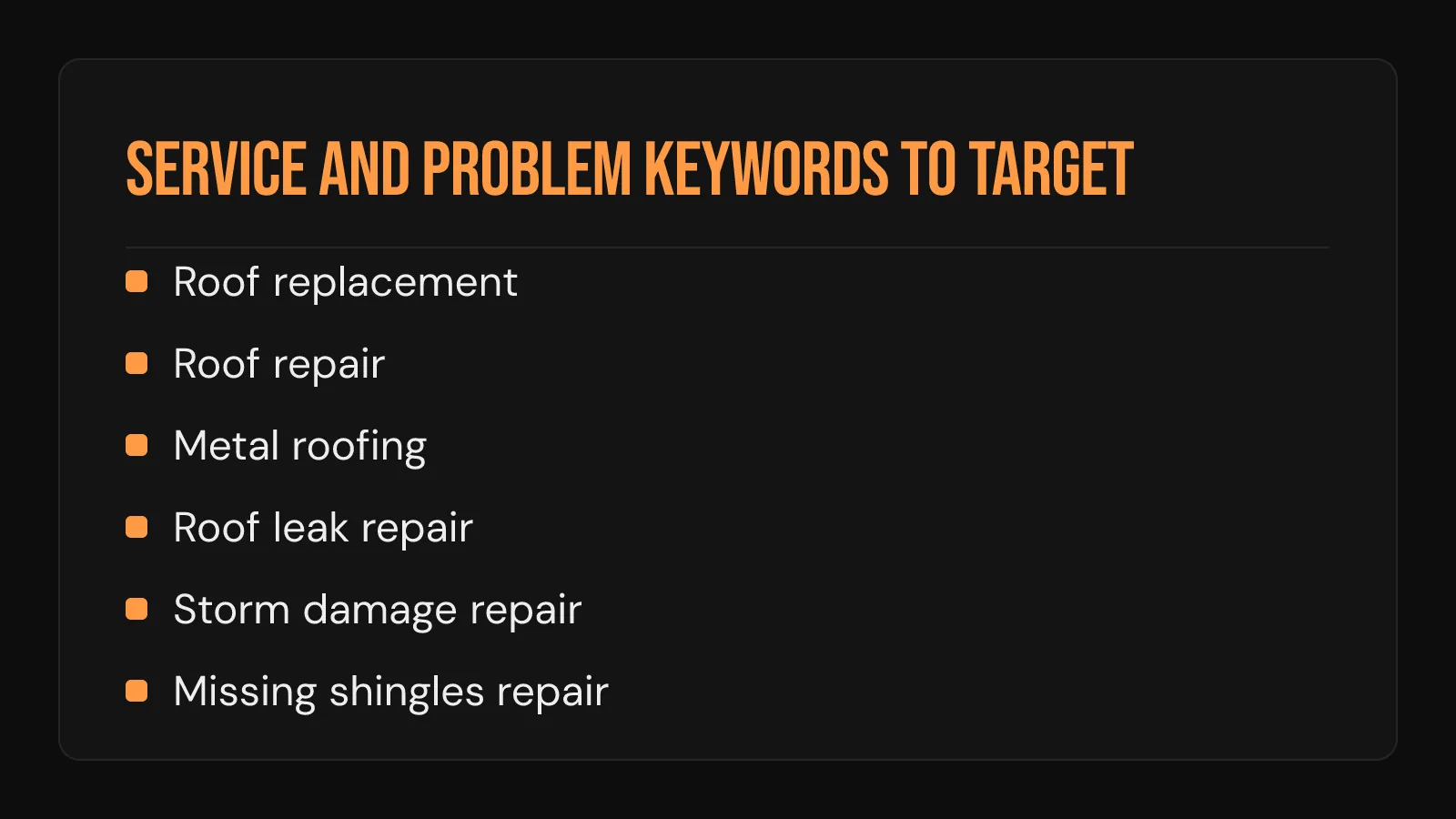 Checklist card of roofing keywords by type: replacement, repair, metal roofing, leak repair, storm damage