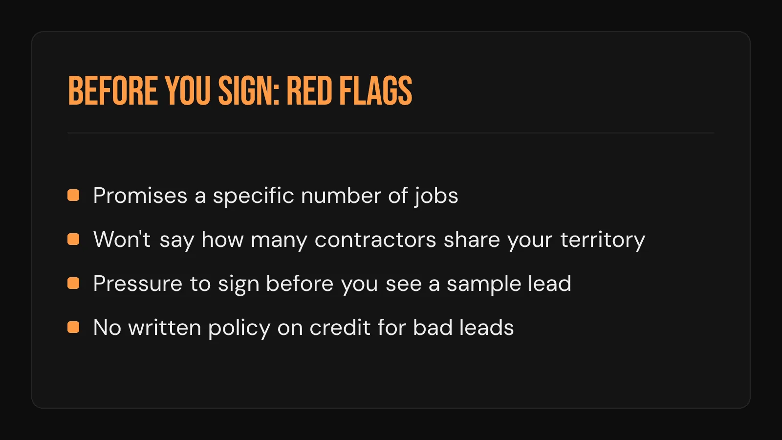 Checklist card: red flags to watch for before signing with a roofing lead generation service.