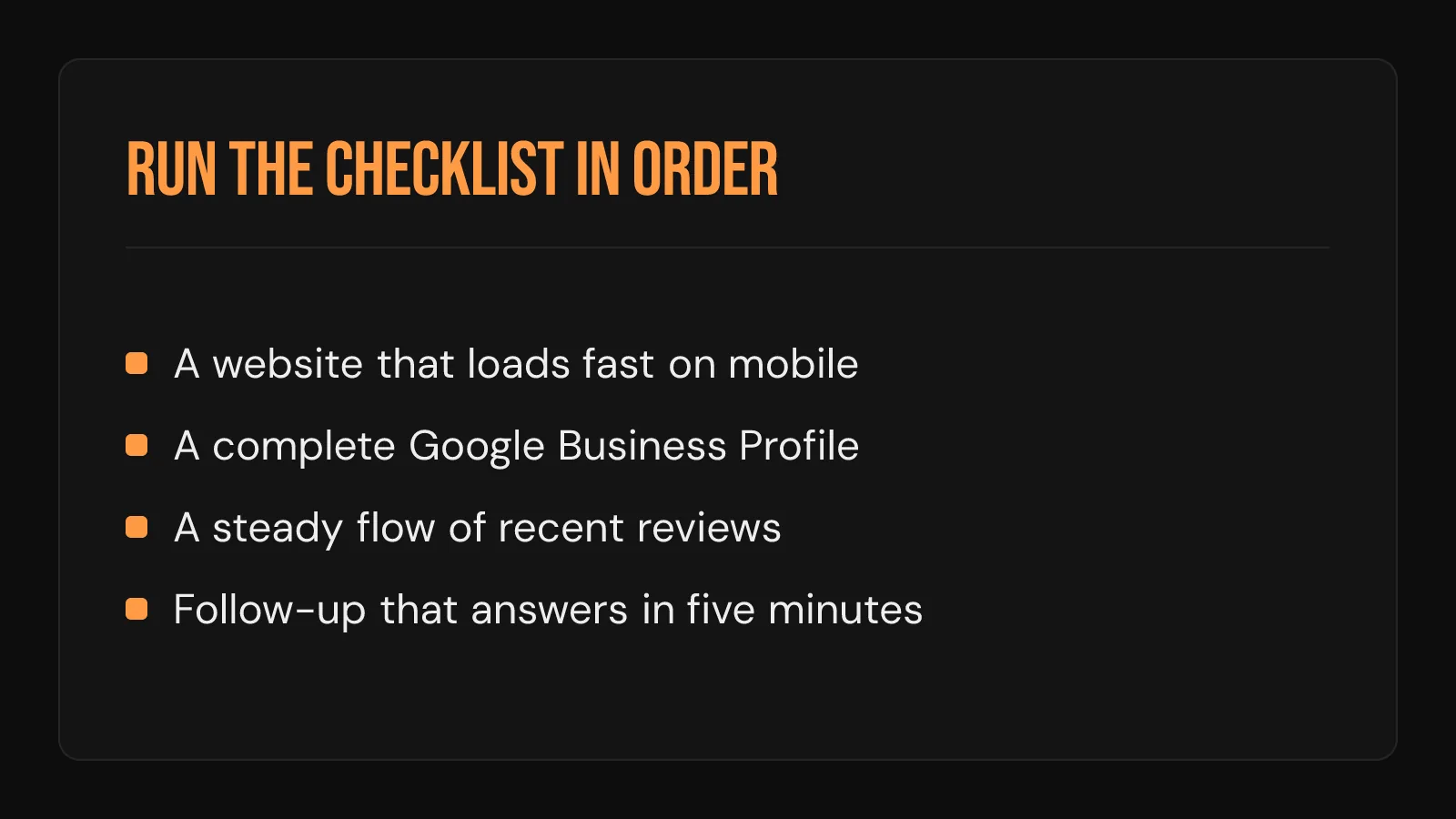 Roofing marketing checklist card: website, Google profile, reviews, and five-minute follow-up in order.