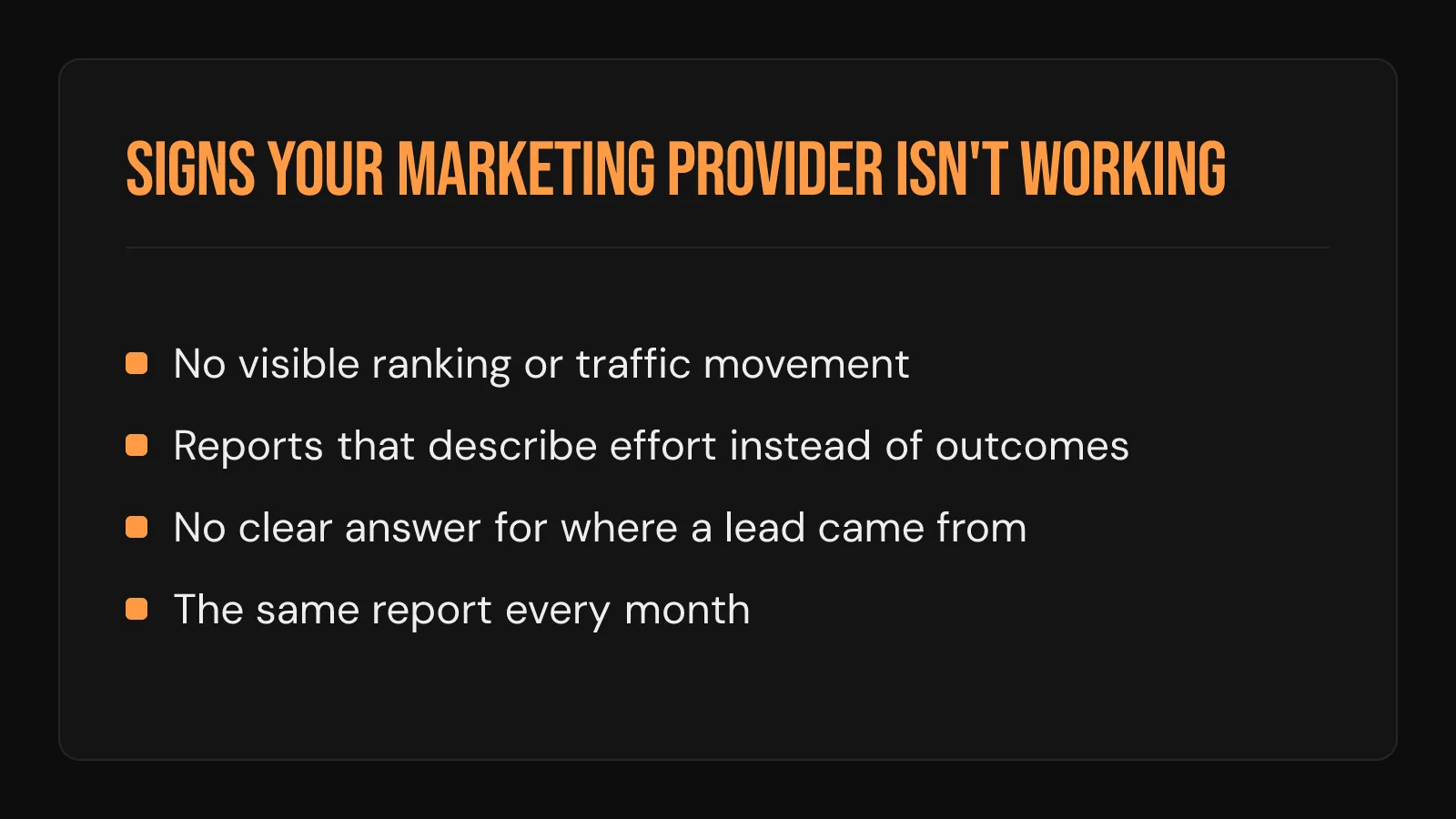 Checklist card: signs a roofing marketing provider isn't working, from no ranking movement to a static monthly report.