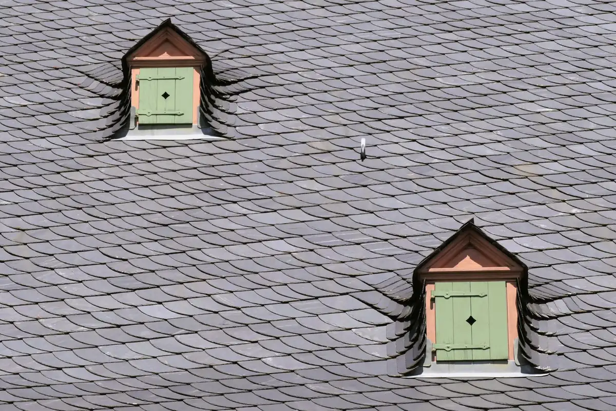 A slate rooftop with two green-shuttered dormers, the real work behind the marketing headlines.