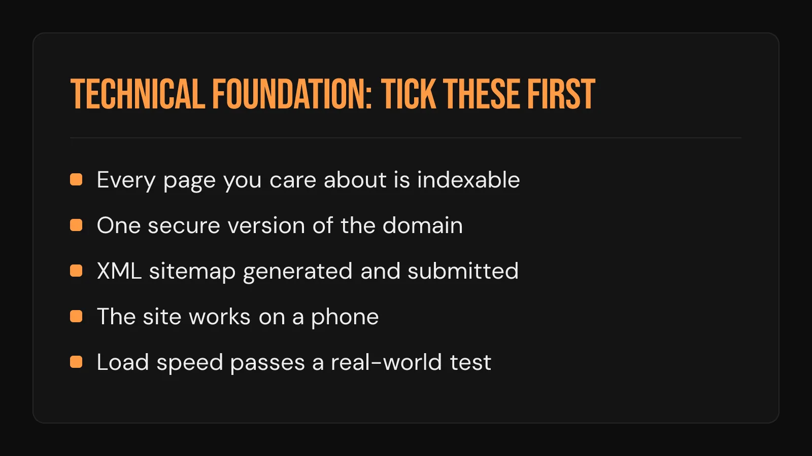 Checklist card: technical foundation items for a roofing site, from indexability to mobile load speed