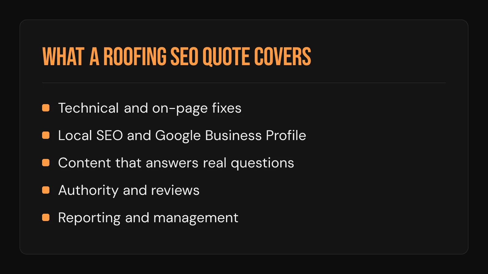Checklist card: what a roofing SEO quote covers, from technical work and local SEO to content, reviews, and reporting.