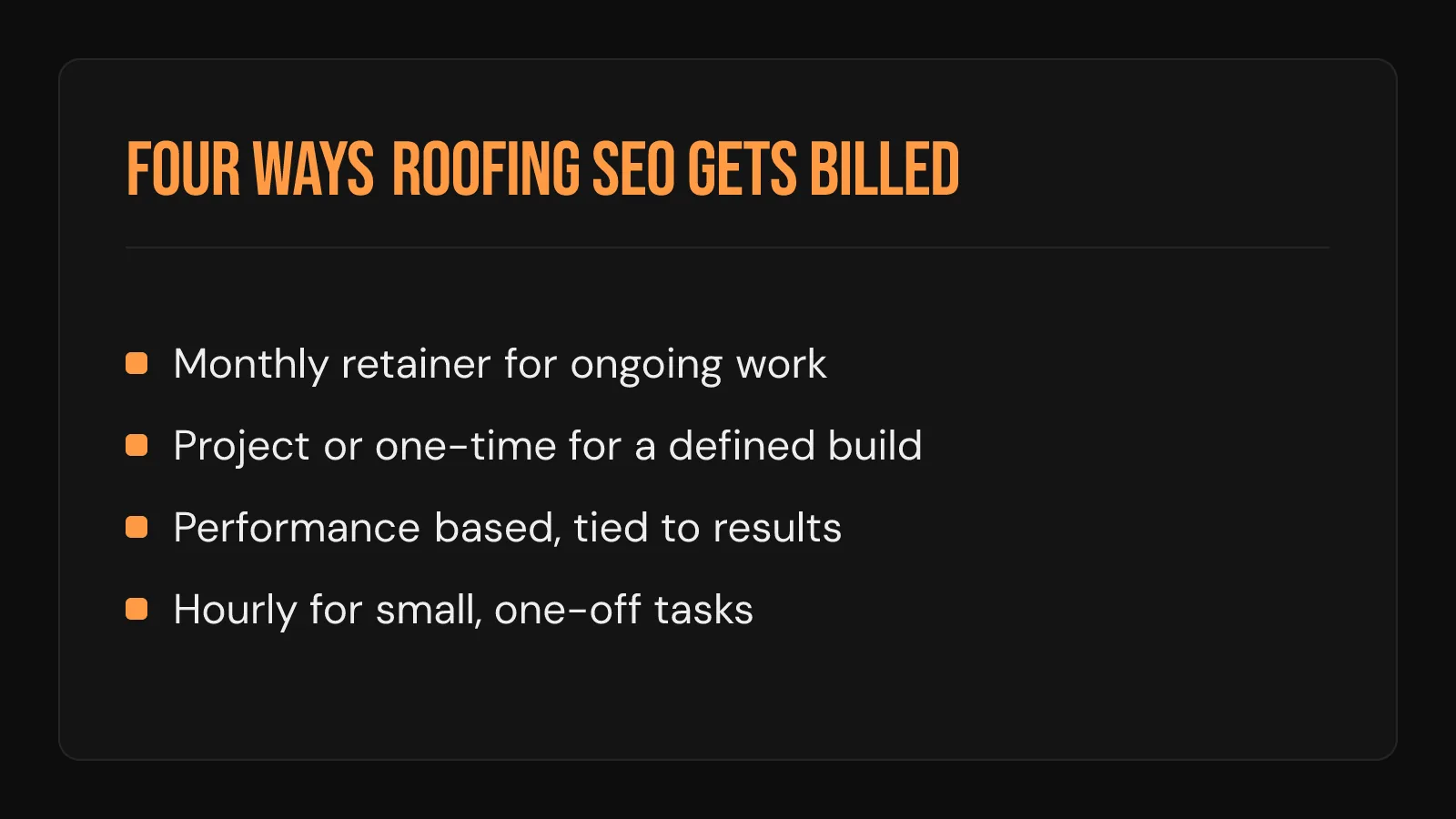 Checklist card: four ways roofing SEO gets billed, from monthly retainer and project fees to performance and hourly.