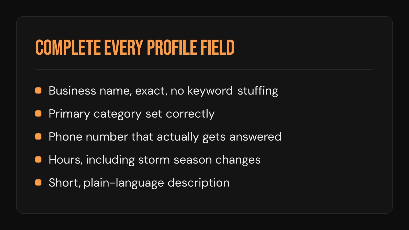Checklist: five fields to complete on a Google Business Profile, including category, phone, and hours.