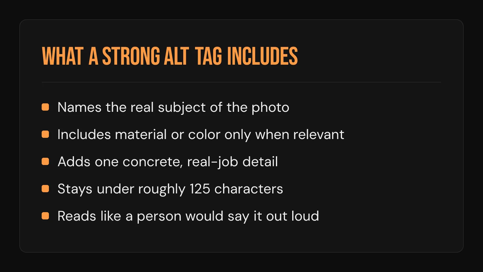 Checklist card: five criteria for a strong roofing photo alt tag, from naming the subject to staying under 125 characters.