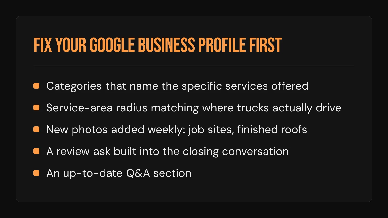 Checklist card: five Google Business Profile fixes, from service categories to a weekly review ask